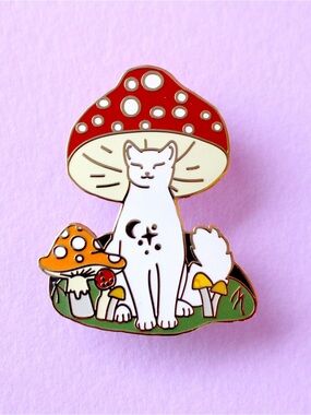 Magical White Cat with Mushrooms Enamel Pin
